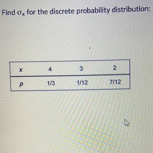 Find ox for the discrete probability distribution

.92
3
9
.85 
ox is undefined because this is no