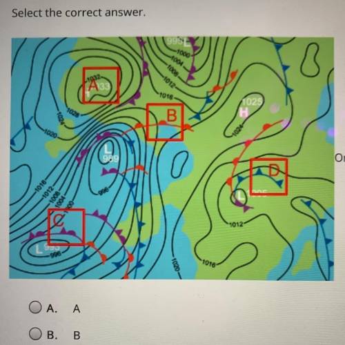 Select the correct answer.

On the map, which symbol represents a cold front? Choose the correct l