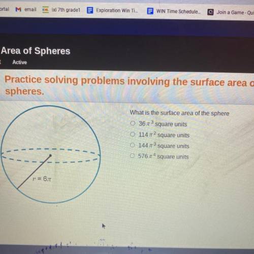 What is the surface area of the sphere

O 36 square units
O 114z square units
O 144z square units