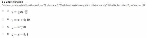 Suppose y varies directly with x and y = 72 when x = 6. What direct variation equation relates x an