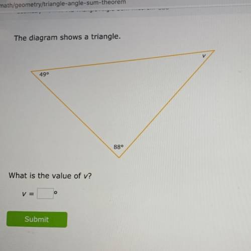 The diagram shows a triangle.
490
880
What is the value of v?
V =