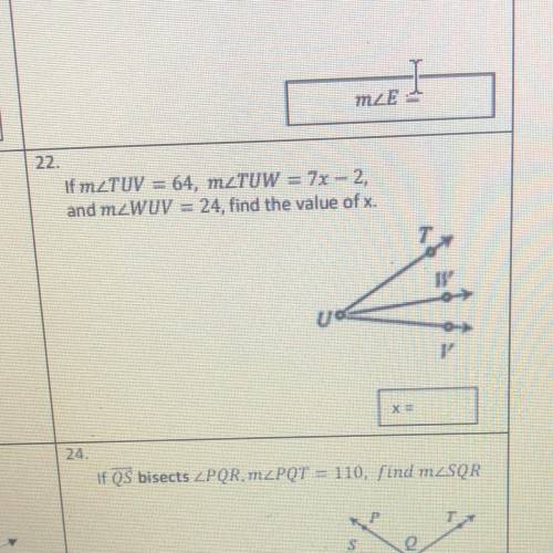 If m TUV = 64, mZTUW = 7x - 2,
and mZWUV = 24, find the value of x.
1
ud
V
X =