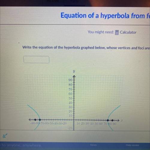 Write the equation of the hyperbola graphed below, whose vertices and foci are marked.