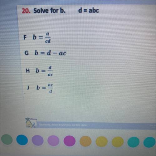 Solve for b. d = abc
