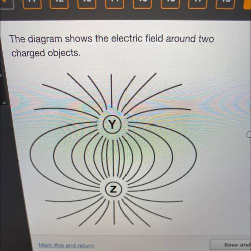 The diagram shows the electric field around two

charged objects.
What is the best conclusion abou