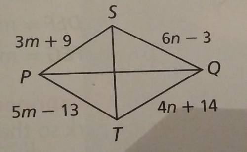 PQ is perpendicular bisector if ST. Find the values of m and n.