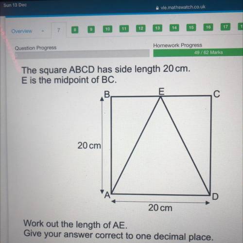 The square ABCD has side length 20 cm.

E is the midpoint of BC.
B
20 cm
20 cm
Work out the length