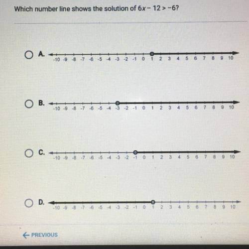 Which number line shows the solution of 6x- 12>-6?