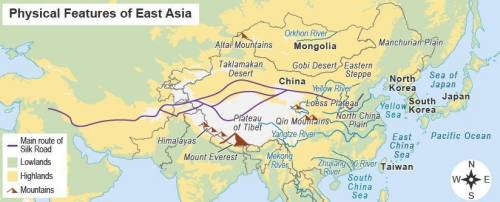 Read the map.

A map titled Physical Features of East Asia. A key shows Lowlands in green, Highlan