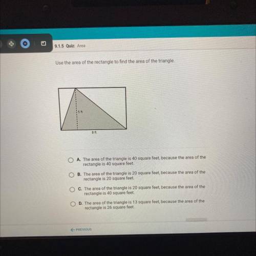 Use the area of the rectangle to find the area of the triangle.

15 ft
8 ft
please help me