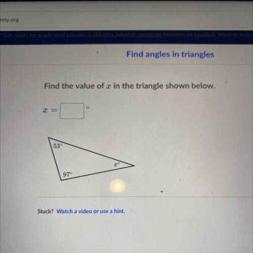 Find angles in triangles

Find the value of x in the triangle shown below.
o
X =
53°
20
970