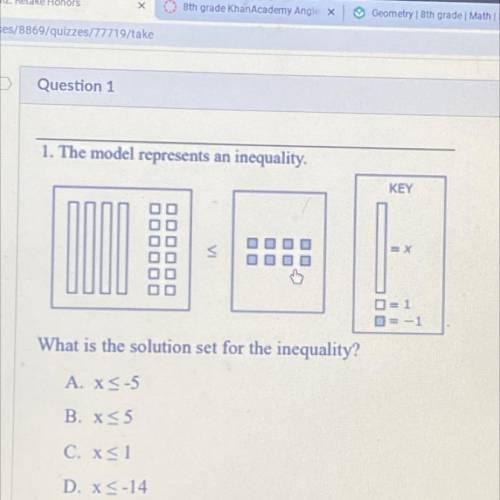 Question 1

10 pts
1. The model represents an inequality.
KEY
VI
5
D=1
--1
What is the solution se