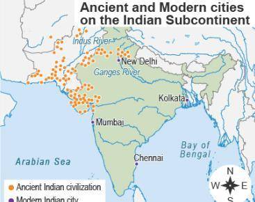 50 points

The map shows ancient and modern cities on the Indian subcontinent.
A map titled Ancien