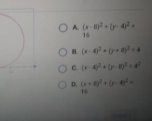 The circle below is centered at the point 8.4 and has a radius of length 4 what is its equation