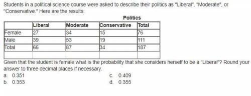 Students in a political science course were asked to describe their politics as Liberal, Moderat