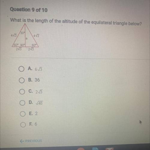 For final pls help ASAP!!!What is the length of the altitude of the equilateral triangle below?

3