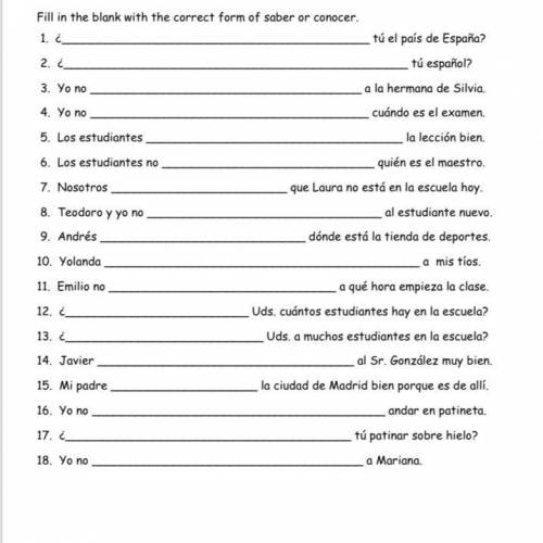 SPANISH 2 FILL IN THR BLANK WITH THE CORRECT FORM OF SABER OR CONOCER

WILL MARK BRAINLIEST 
PLEAS