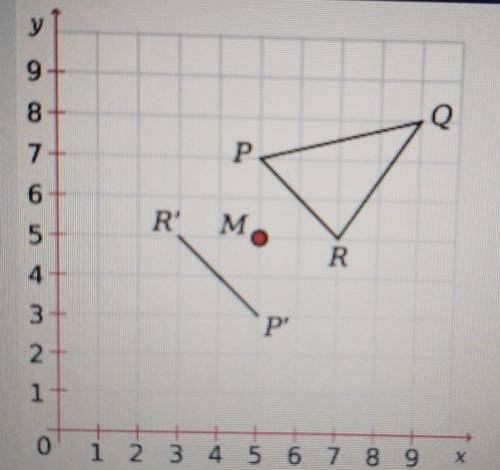 triangle PQR is rotated 180 degrees clockwise about point M, The image of point p1 and the image of