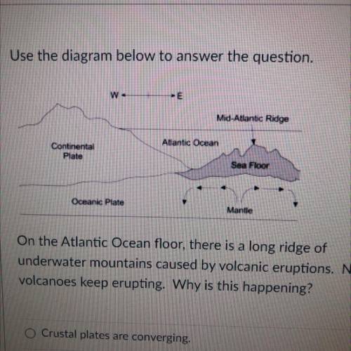 Use the diagram below. On the Atlantic Ocean floor, there is a long ridge of underwater mountains c