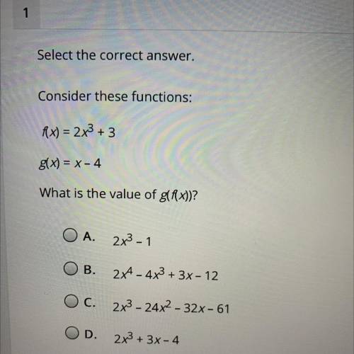 Select the correct answer.

Consider these functions:
f(x) = 2x^3+3
g(x) =x- 4
What is the value o