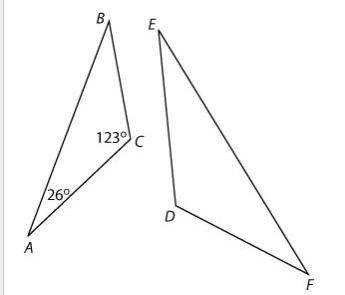 If △CAB is dilated and rotated, it maps on to △DE
What is the measure of ∠F?