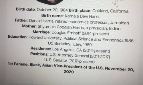 Look at the information about Kamala Harris on the left side. Use the facts about her life to write