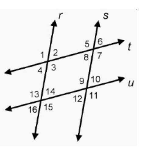 Parallel lines r and s are cut by two transversals, parallel lines t and u.

How many angles are a