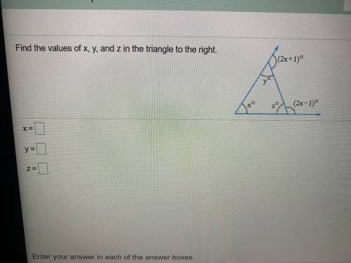 Find the values of x,y, and z in the triangle to the right. Help is very appreciated! :)
