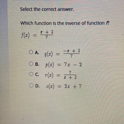 Select the correct answer.
Which function is the inverse of function f?
f(x)=x+2/7