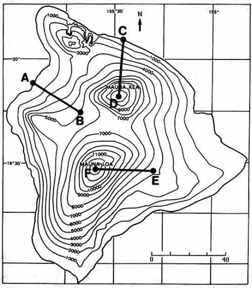 A topographic map is shown below. Six different points are labeled (A, B, C, D, E, and F). What is