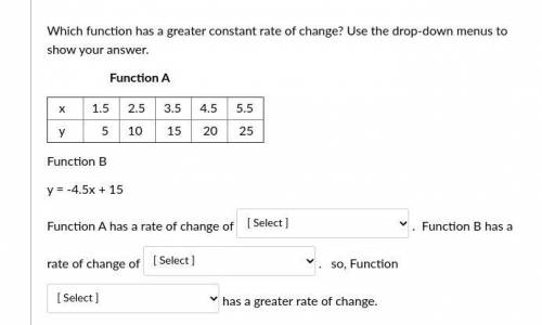 Which function has a greater constant rate of change? Use the drop-down menus to show your answer.