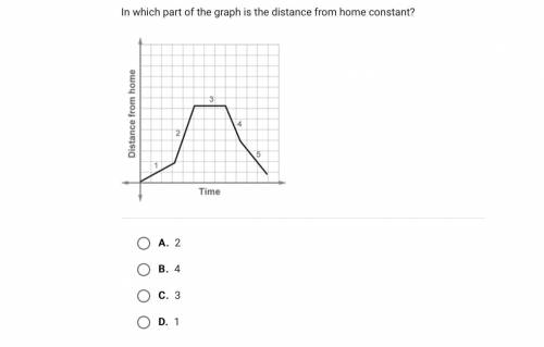 In which part of the graph is the distance from home constant?

A. 2 
B. 4 
C. 3 
D. 1
