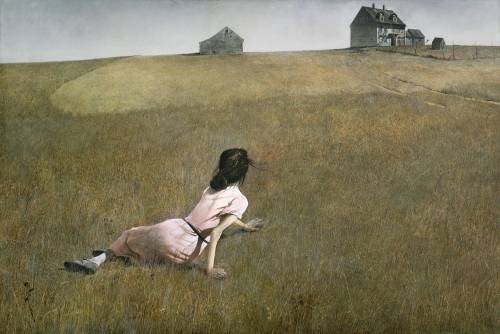 Using this image (Christina's World by Andrew Wyeth), write two paragraphs of a formal analysis. Yo