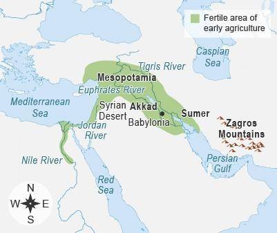 The map shows the Fertile Crescent. A map of the Fertile Crescent. The Caspian Sea in north and eas