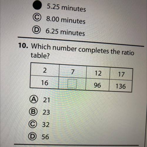 Which number completes the ratio

table?
2
7
12
17
16
96
136
(A) 21
B) 23
C 32
D 56