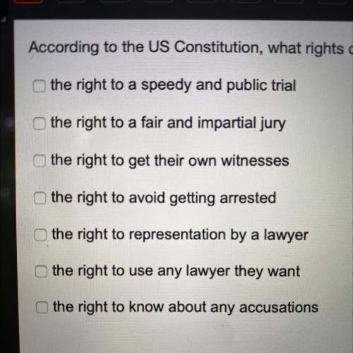 PLEASE HURRY!

According to the US 
Constitution, what rights do accused people have? Check all th