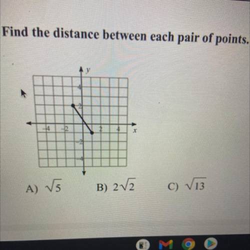 Find the distance between each pair of points.
y
4
x
A) 5
B) 2V2
C) V13