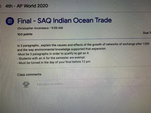 SAQ Indian Ocean Trade

 In 3 paragraphs, explain the causes and effects of the growth of networks