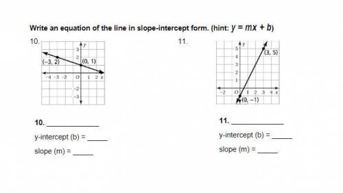 Write an equation of the line in slope-intercept form. (hint: y = mx + b)