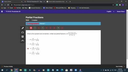 What is the quotient and remainder, written as partial fractions, of 15x²+52x+43/3x²+5x-8?
