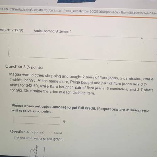 PLEASE HELP!!

Megan went clothes shopping and bought 2 pairs of flare jeans, 2 camisoles, and 4
T