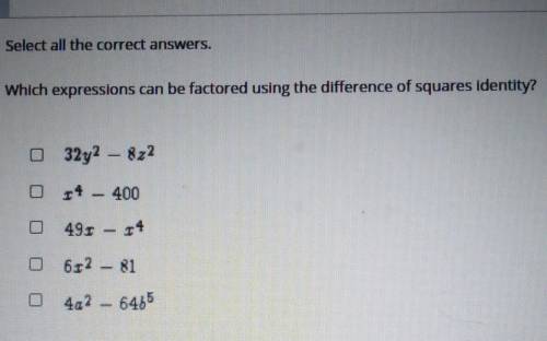Select all the correct answers.

Which expressions can be factored using the difference of squares