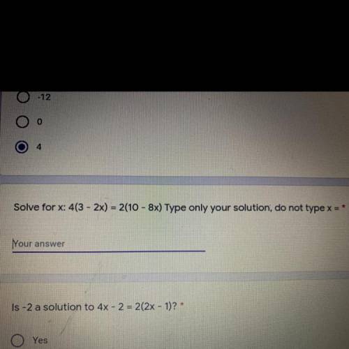 Solve for x: 4(3 - 2x) = 2(10 - 8x) Type only your solution, do not type x = *