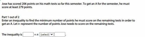 Jose has scored 206 points on his math tests so far this semester. To get an A for the semester, he