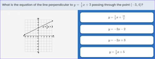 Write an equation of the line that is perpendicular to y = 1/2x + 3 and passes through the point (-
