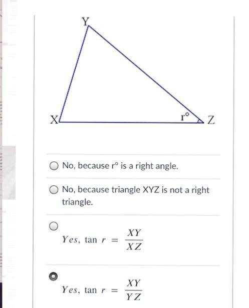 For acute triangle XYZ below, can you find the tangent ratio of angle r°?