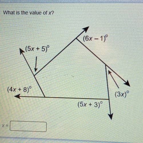 What is the value of x?
(6x – 1)º
(5x + 5)º
(4x + 8)º
(3x)º
(5x + 3)º
X =