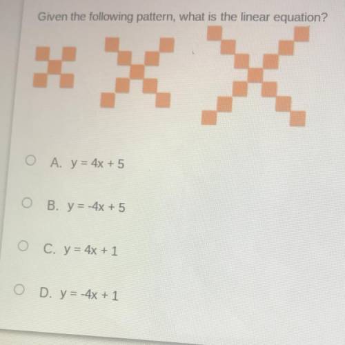 Given the following pattern, what is the linear equation?

O A. y = 4x + 5
B. y = -4x + 5
C. y = 4