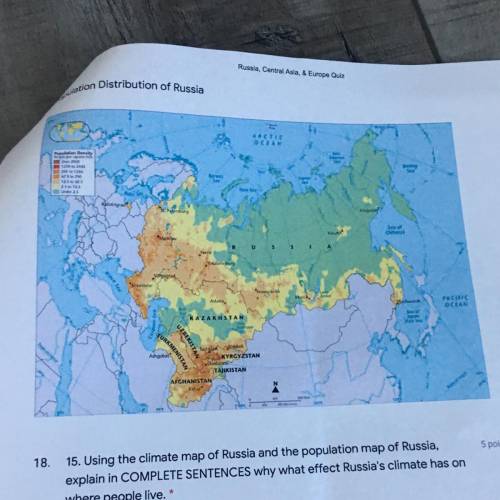 Using the climate map of Russia and the population map of Russia, explain in COMPLETE SENTENCES why