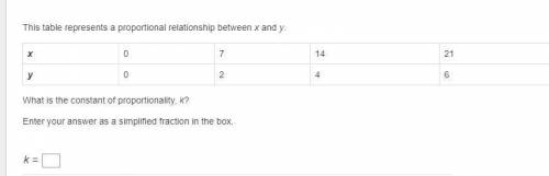 Help pls

This table represents a proportional relationship between x and y.
x 0 7 14 21
y 0 2 4 6
